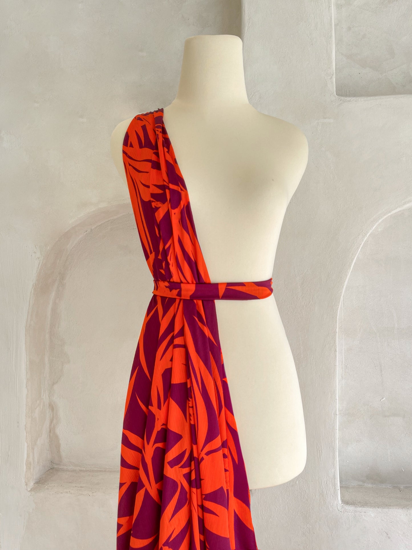 Tela Crepé Satén Crinkle Púrpura con Naranjo