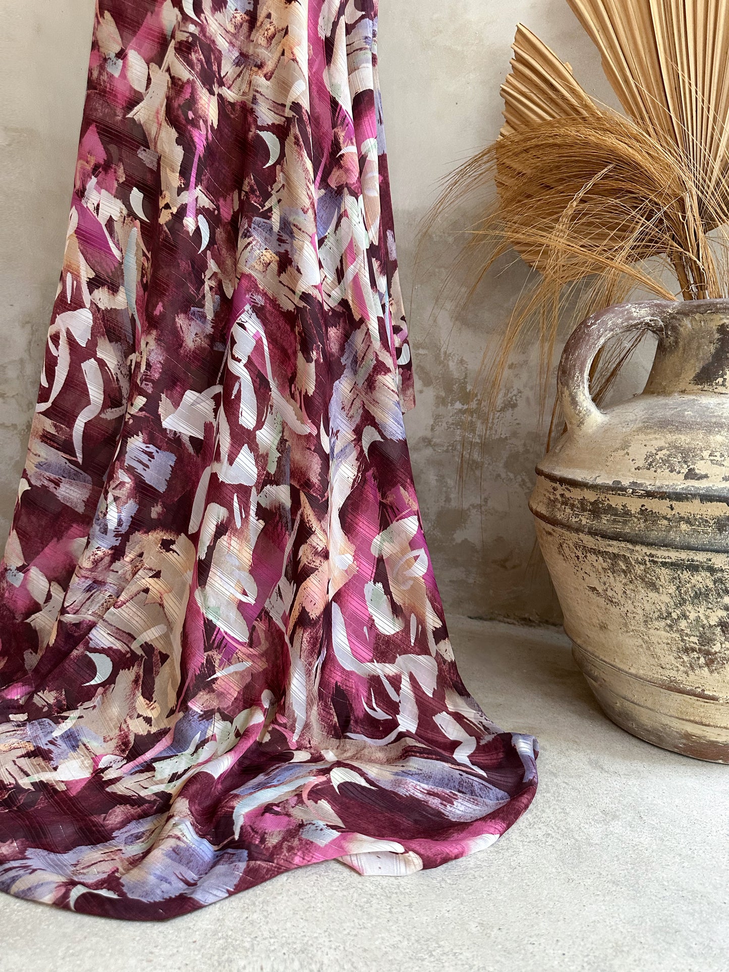 Gasa Lurex Estampada en Tonos Burdeo, Rosa y Marfil