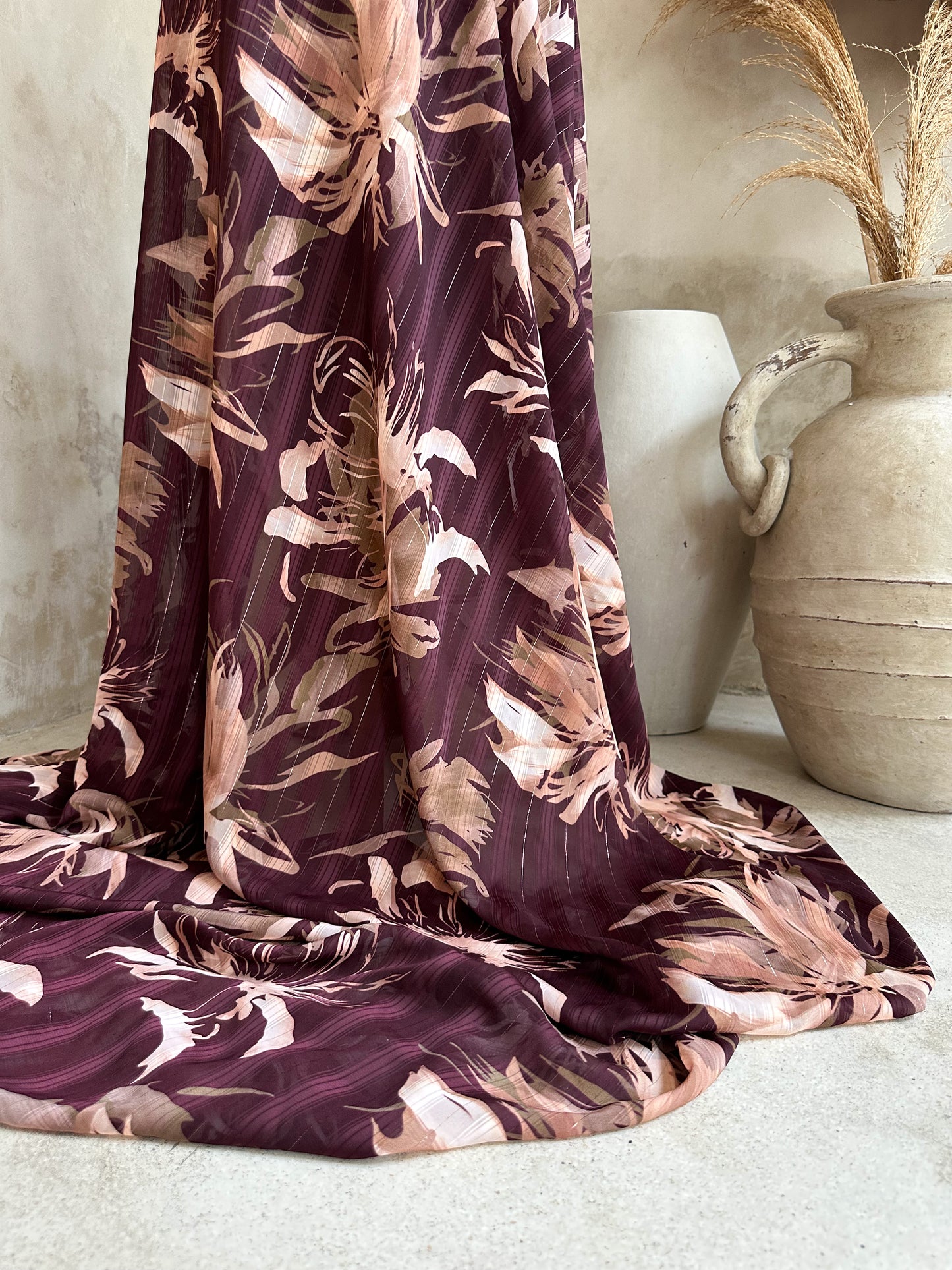 Gasa Lurex Estampada en Tonos Burdeo y Rosa Empolvado