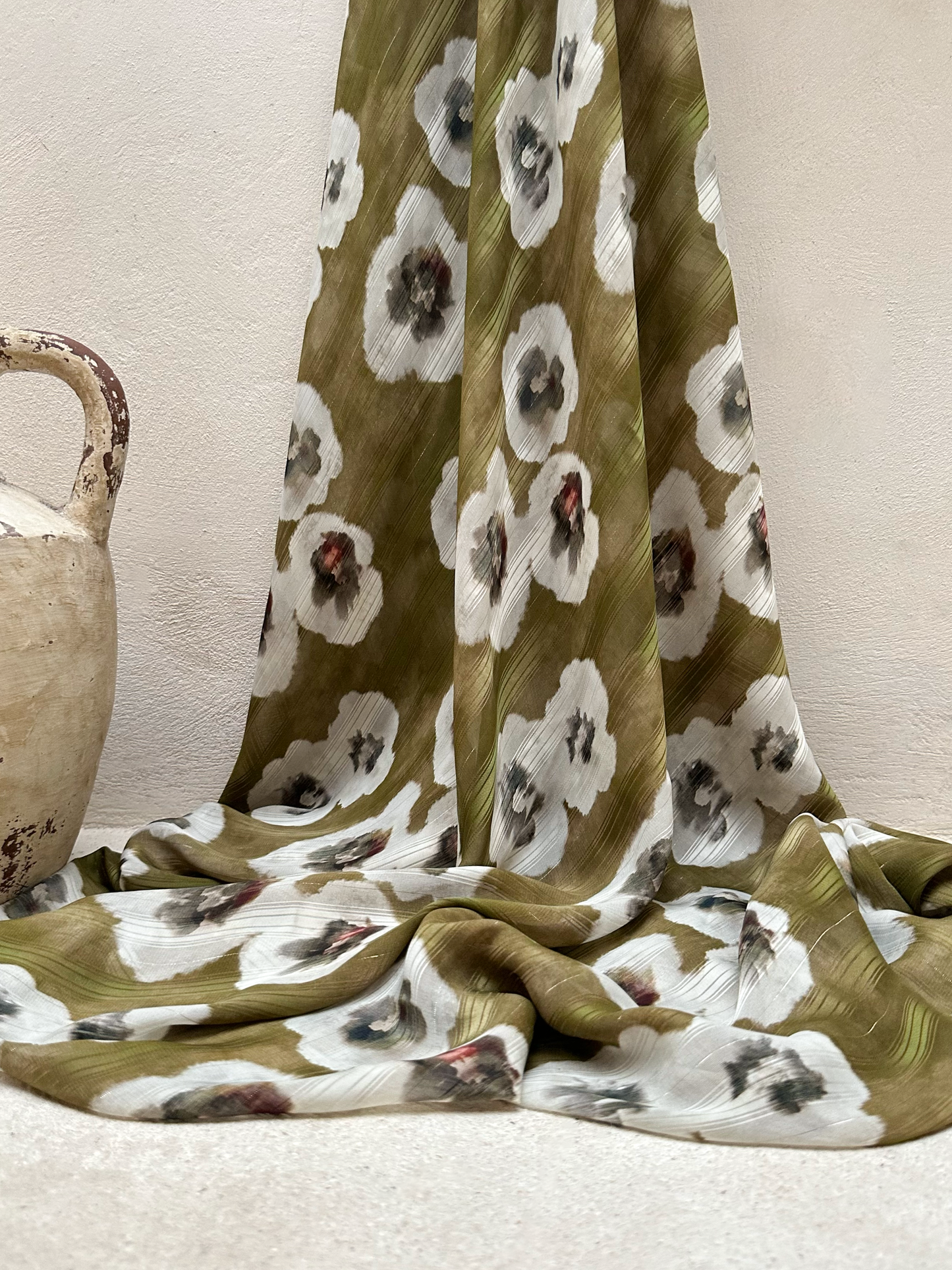 Gasa Estampada Lurex en Tonos Verde y Crudo