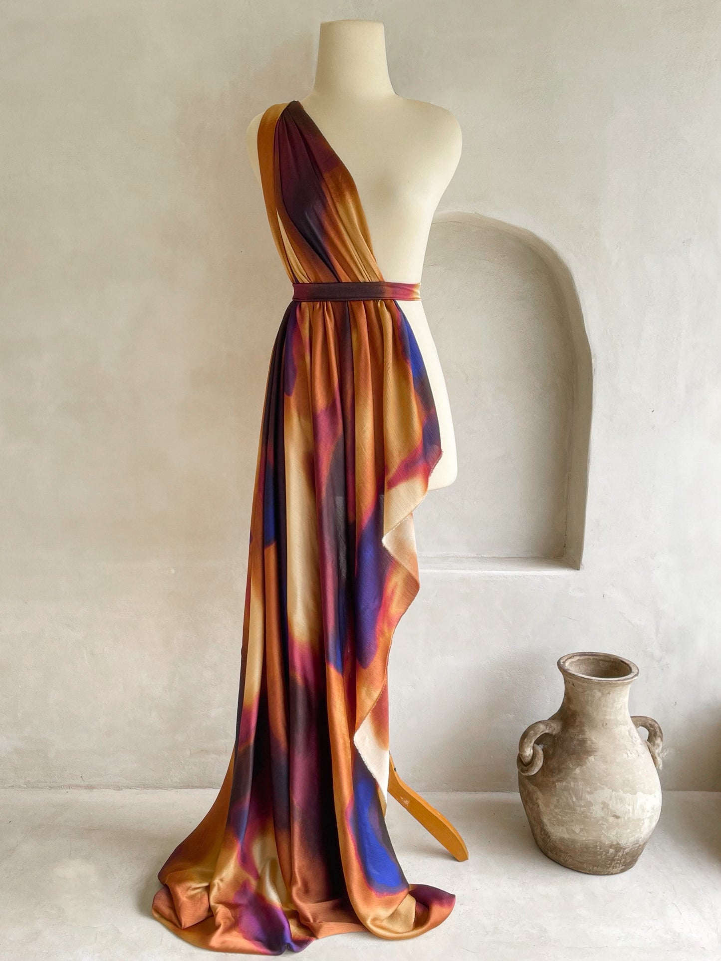 Tela Crepé Satén Crinkle Tonos Tierra y Azul Profundo