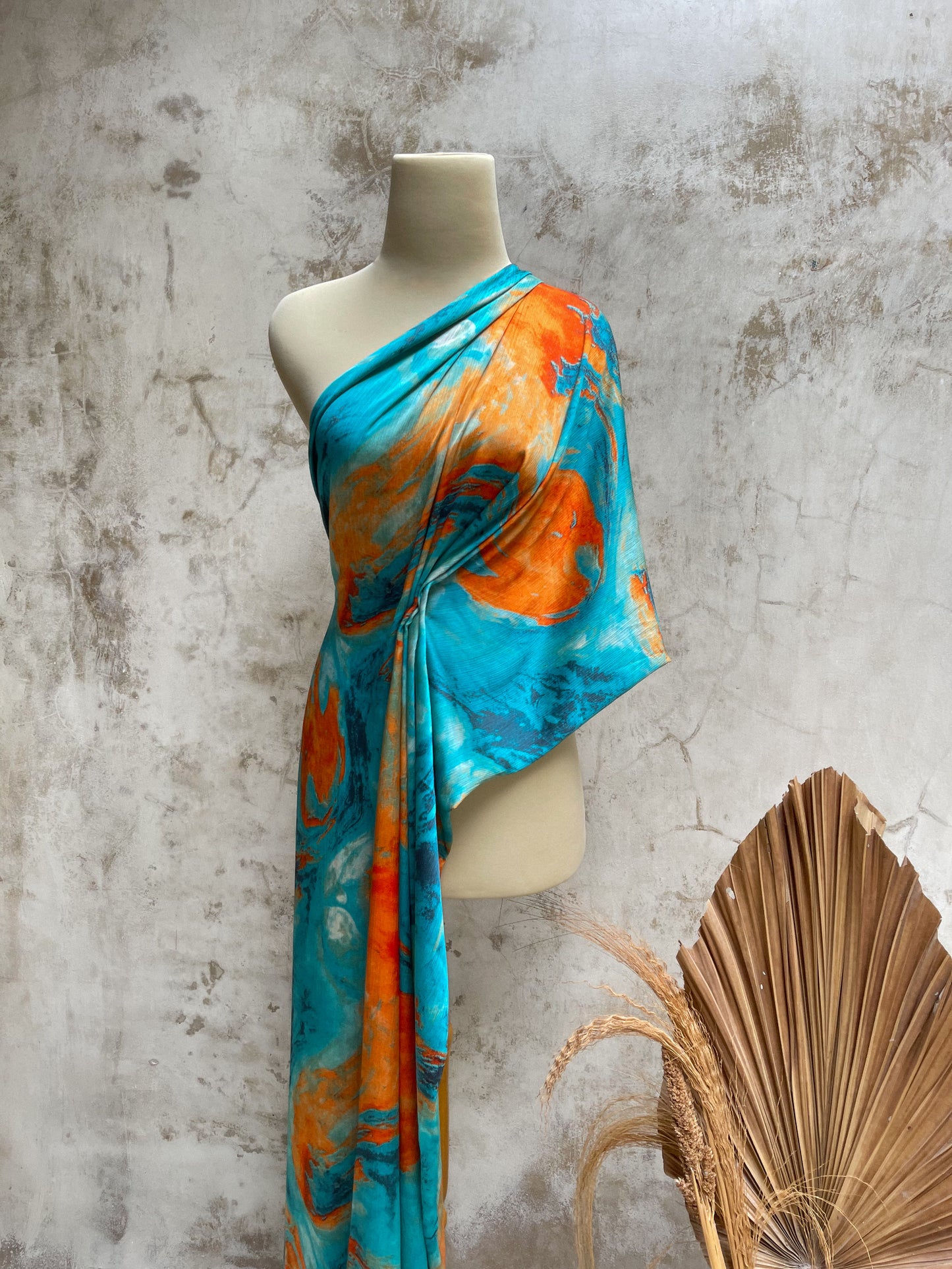 Tela Crepé Satén Crinkle Turquesa y Naranja