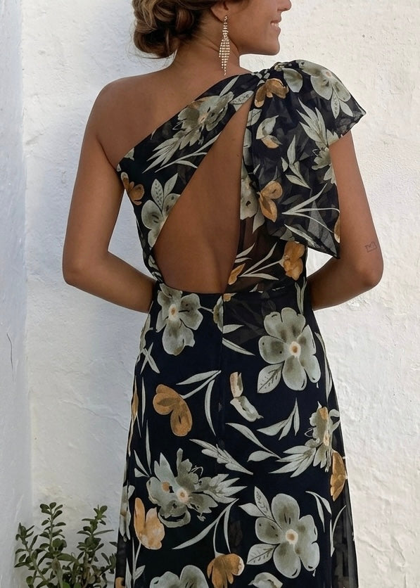 Gasa Estampada Floral Negro con Verde Oliva y Café