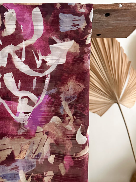 Gasa Lurex Estampada en Tonos Burdeo, Rosa y Marfil