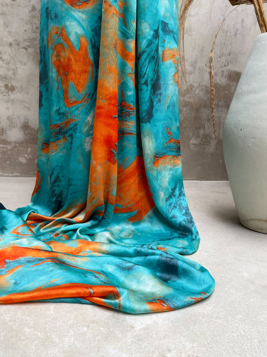 Crinkle Crepé Satén Turquesa y Naranja