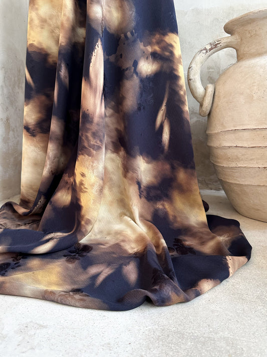 Tela Crepé Satén Jacquard Estampado Mostaza