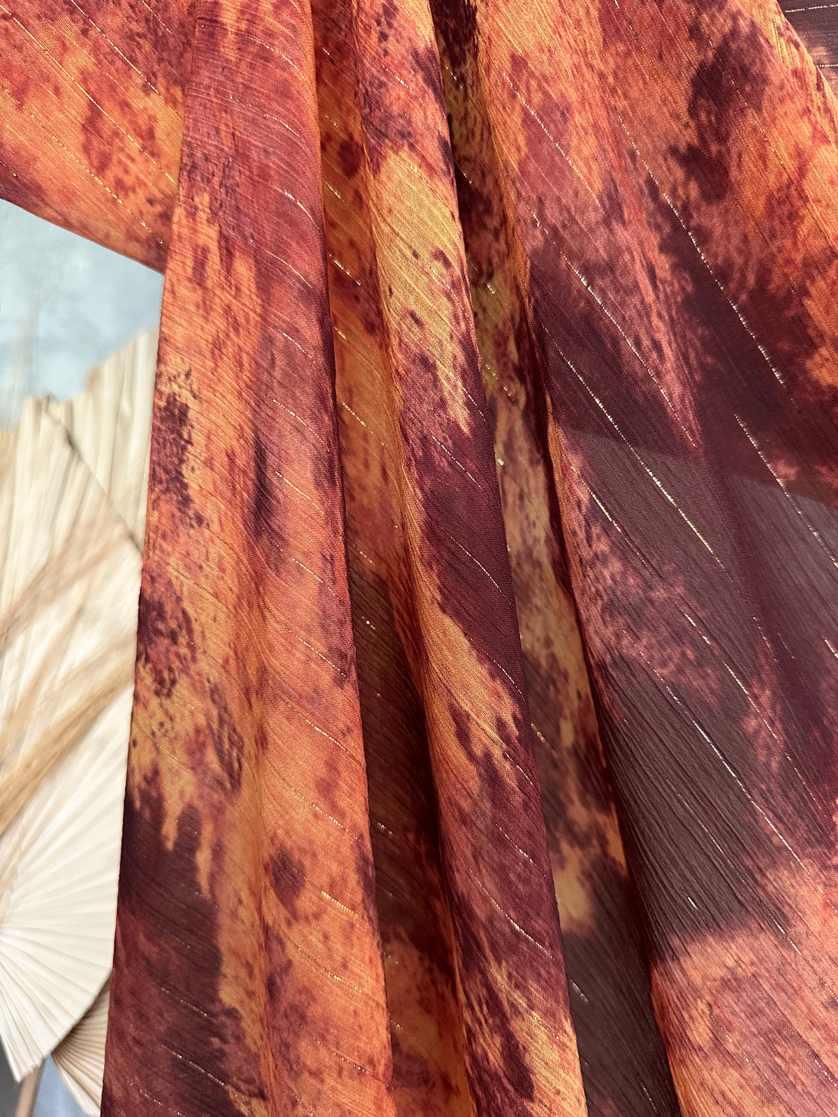Gasa Estampada Abstracta con Lurex Dorado en Terracota y Burdeo