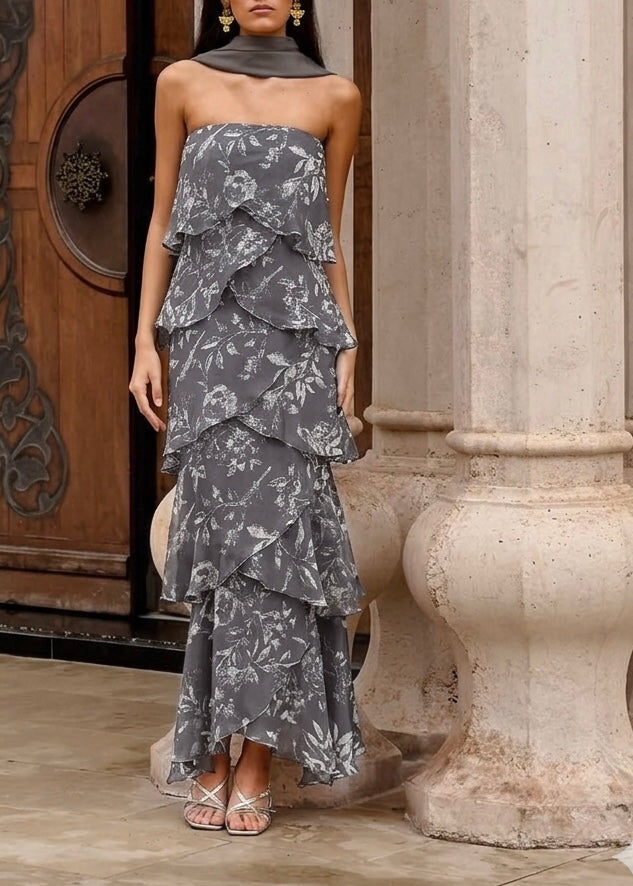 Gasa Estampada Gris Hojas