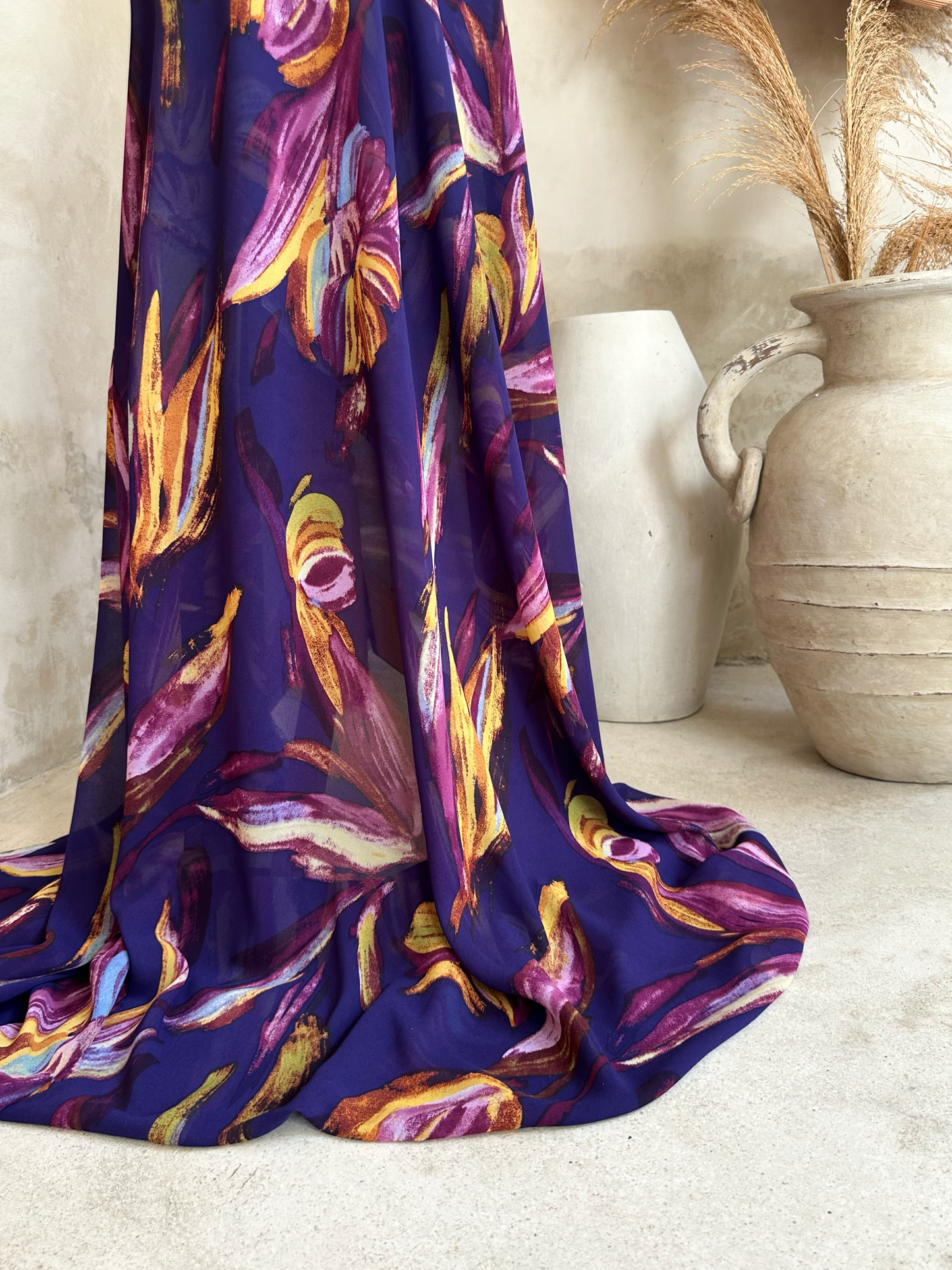 Gasa Estampada en tonos Morado Profundo y Magenta