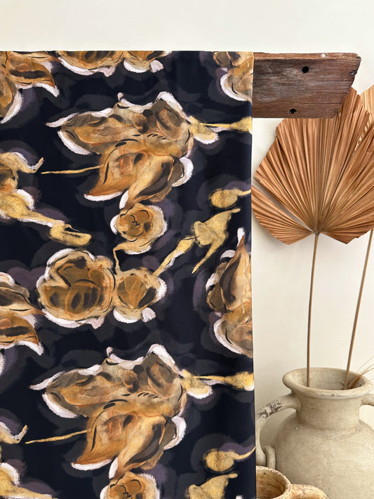 Satén Mate Estampado en tonos Café, Mostaza y Crudo